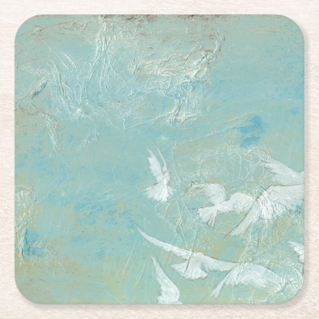 White Birds Flying Through Blue Sky Square Paper Coaster (Front)