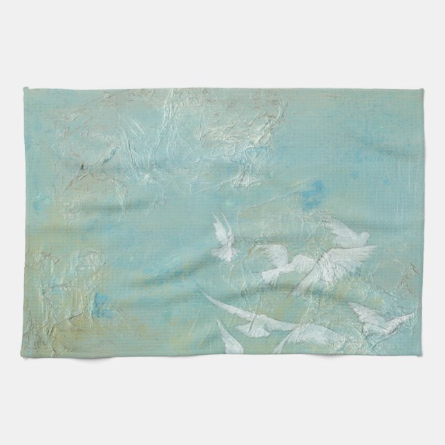 White Birds Flying Through Blue Sky Tea Towel (Horizontal)