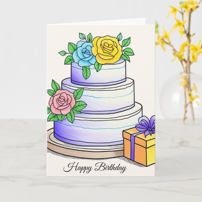 White birthday Cake Happy  Birthday  Card (Yellow Flower)