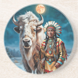 White Bison and Native American Chief Coaster