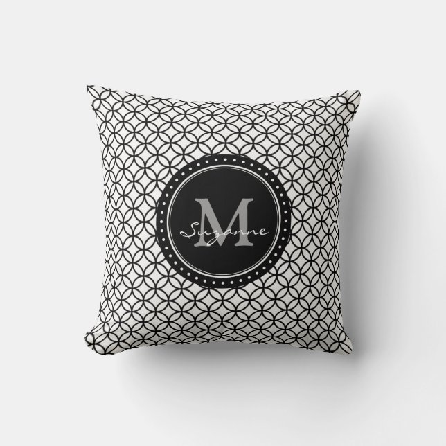 White Black Abstract Circles Pattern Cushion (Front)