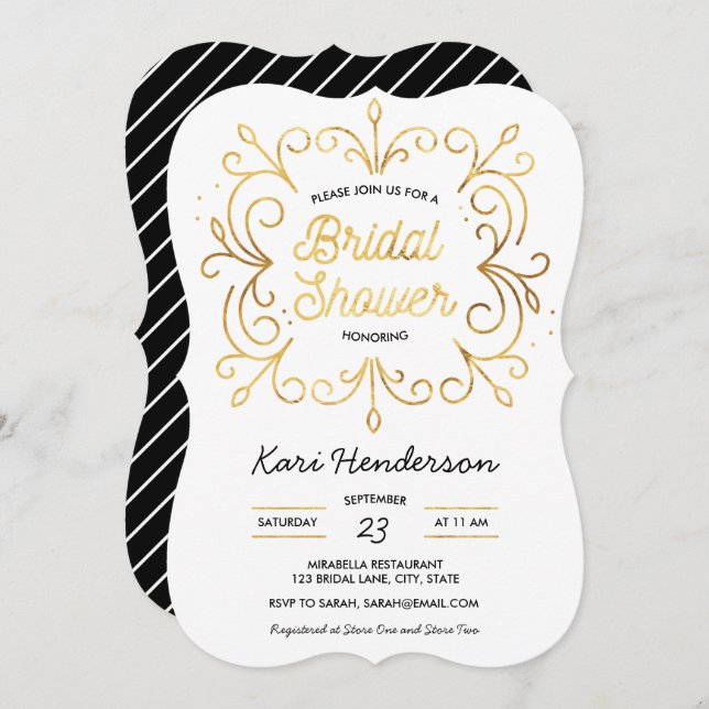 White Black and Faux Gold Bridal Shower Invitation (Front/Back)