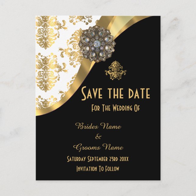 White, black and gold damask save the date announcement postcard (Front)