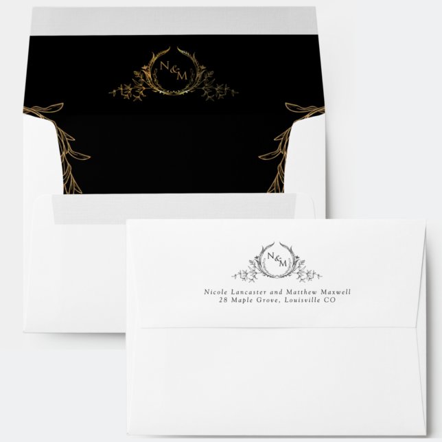 White, Black and Gold Elegant Monogram Wedding Envelope (Creator Uploaded)