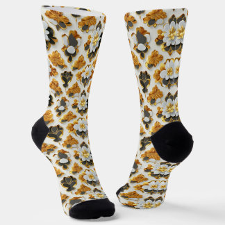 White, Black and Gold Floral Crew Socks