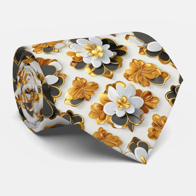 White, Black and Gold Floral Neck Tie (Rolled)
