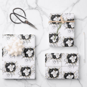 White, Black and Gold Flower Wrapping Paper Sheet