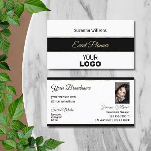 White Black and Gold Stripes with Logo & Photo Business Card