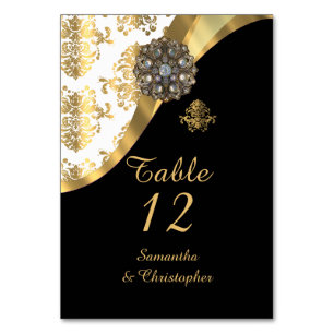 White, black and gold vintage damask wedding table number
