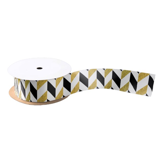 White, Black and Golden Chevron Pattern Satin Ribbon (Spool)