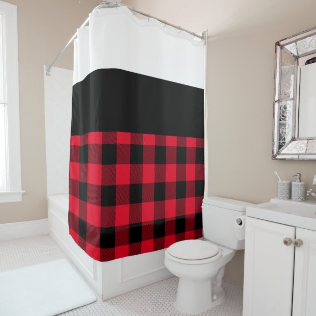 White Black and Red Buffalo Plaid Colour Block Shower Curtain (In Situ)