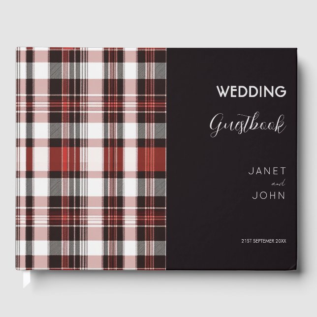 White, Black and Red Scottish Tartan Wedding  Guest Book (Front)