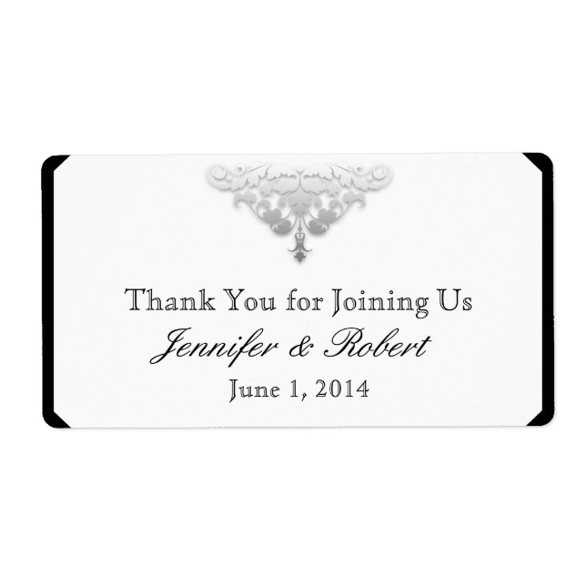 White Black and Silver Damask Water Bottle Label (Front)