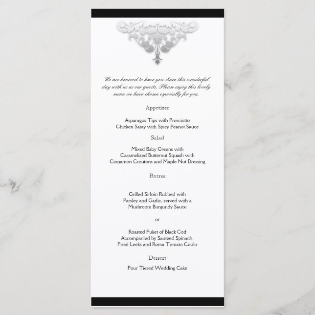 White Black and Silver Damask Wedding Menu (Front)