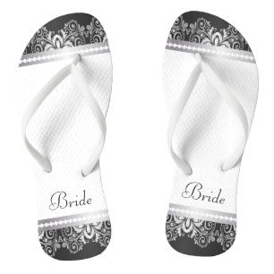 White, Black and Silver Lace   Wedding Party Jandals