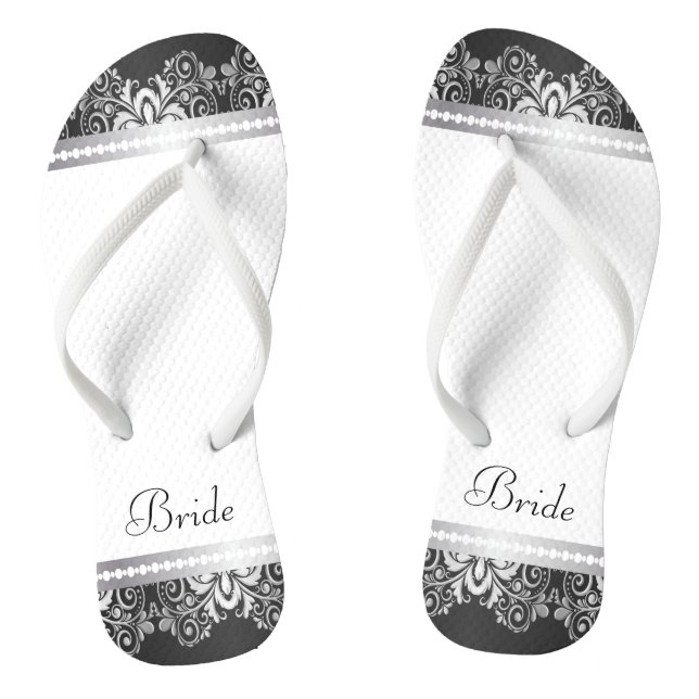 White, Black and Silver Lace | Wedding Party Jandals (Footbed)