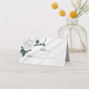white black and teal floral marble place card