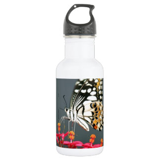 White Black and Yellow Butterfly on Pink Flowers 532 Ml Water Bottle