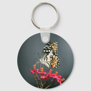 White Black and Yellow Butterfly on Pink Flowers Key Ring