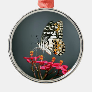 White Black and Yellow Butterfly on Pink Flowers Metal Tree Decoration