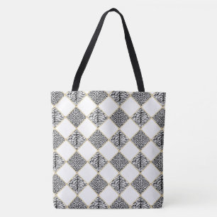 White/Black Animal Print Chain Tote Bag