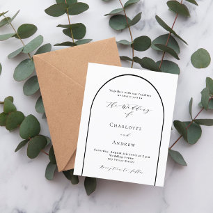 White black arch modern script wedding invitation