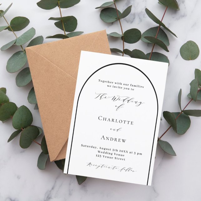 White black arch modern script wedding invitation (Creator Uploaded)