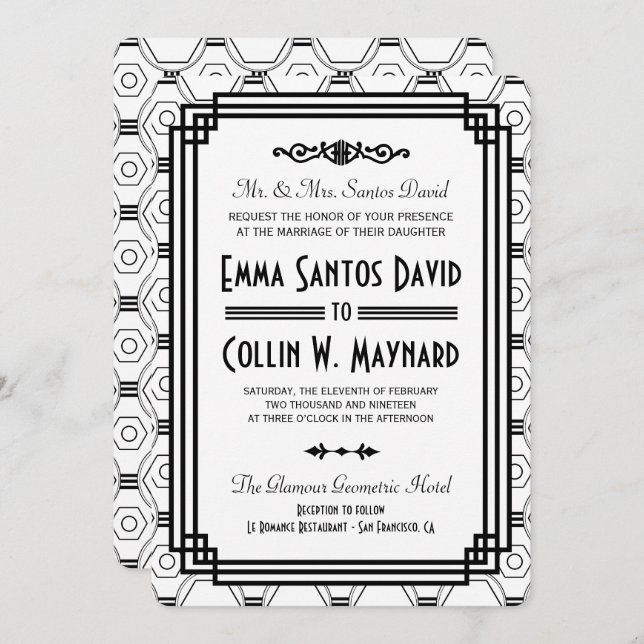 White & Black Art Deco Wedding Invitations (Front/Back)