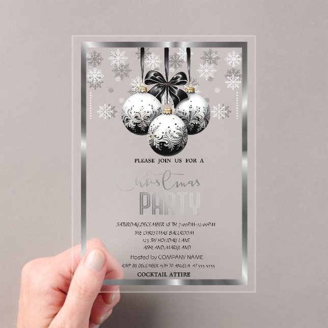 White Black Balls Snowflakes Company Christmas  Acrylic Invitations (Insitu (Handheld))