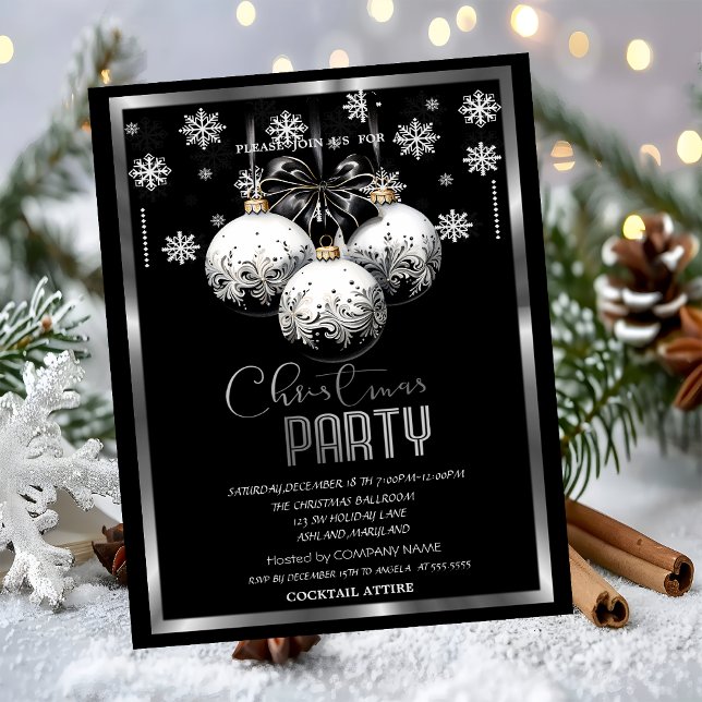 White Black Balls Snowflakes Company Christmas  Invitation (Creator Uploaded)