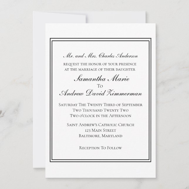 White Black Border Classic Formal Elegant Wedding Invitation (Front)