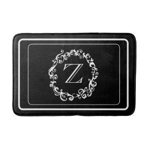 White Black Border Design Monogram Letter Bath Mat