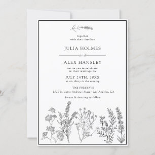 White Black Botanical Wedding Invitation