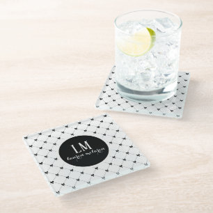 White & Black Bow Monogram Glass Coaster