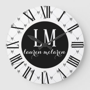 White & Black Bow Monogram Large Clock