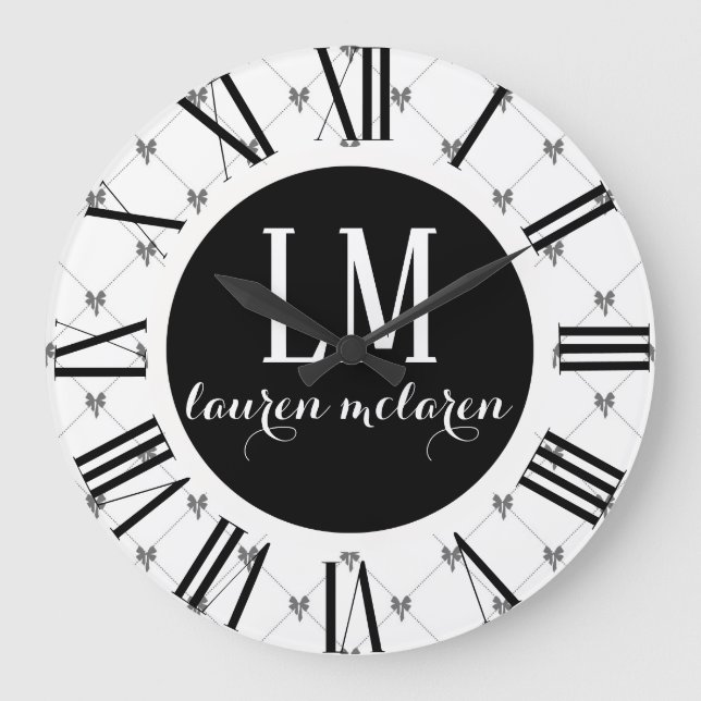 White & Black Bow Monogram Large Clock (Front)