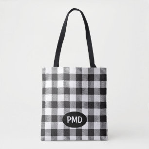 White Black Buffalo Plaid Check Monogram Initials Tote Bag