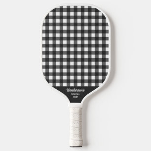 White Black Buffalo Plaid Check Print Custom Text  Pickleball Paddle