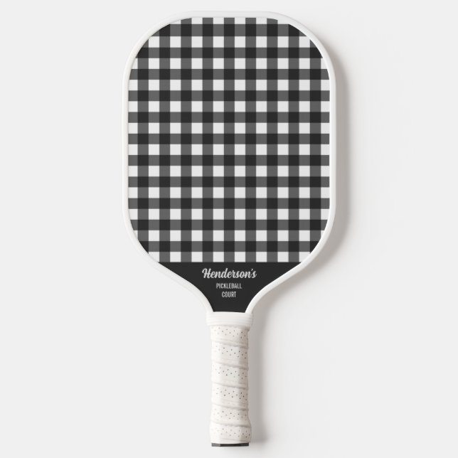 White Black Buffalo Plaid Check Print Custom Text  Pickleball Paddle (Front)