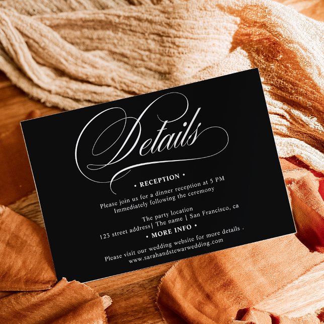 White black calligraphy chic details wedding enclosure card (White black calligraphy chic details wedding enclosure card)