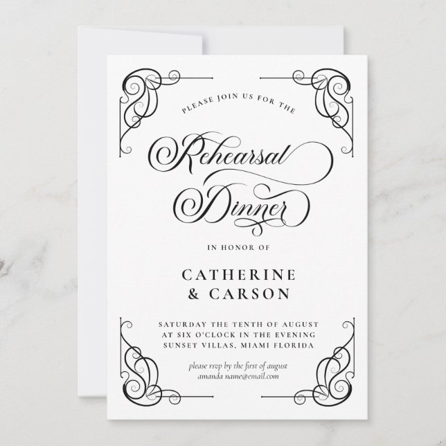 White & Black Calligraphy Script Rehearsal Dinner Invitation (Front)