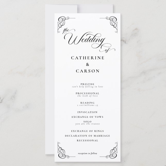 White & Black Calligraphy Script Wedding Program (Front)
