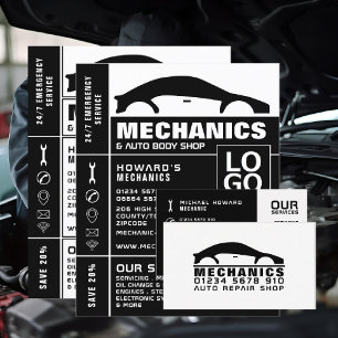 White & Black Car Logo, Auto Mechanic Business Card