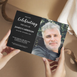 White Black Celebration of Life With Photo Funeral Invitation