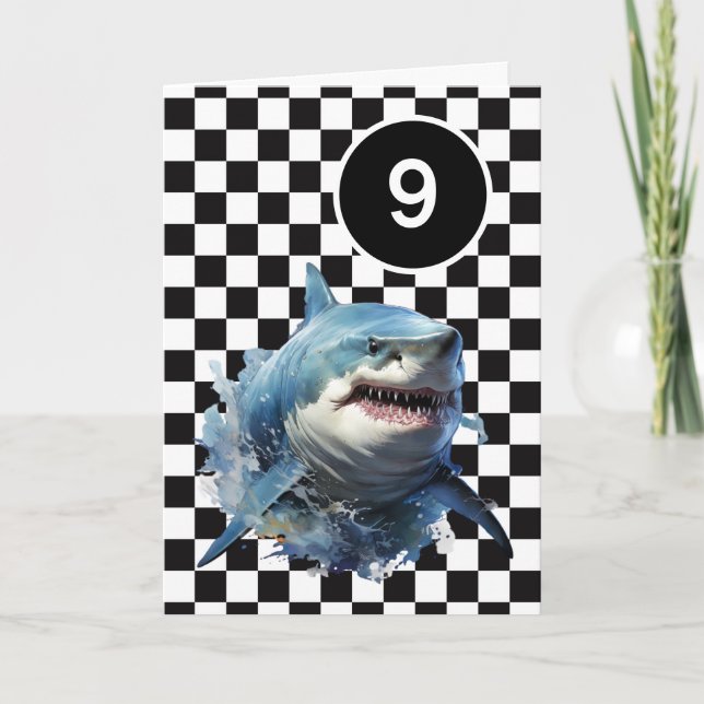 White Black Chequered Shark 9th Birthday Card (Front)