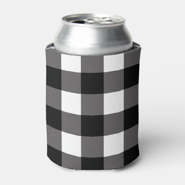 White & Black Chequered Squares Buffalo Plaid Can Cooler (Can Front)