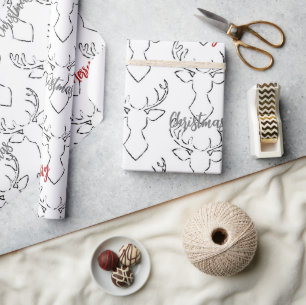 White Black Christmas Reindeer Wrapping Paper