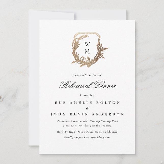 white black classic gold crest rehearsal dinner invitation (Front)