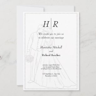 White Black Classic Monogram Elegant Clean Wedding Invitation