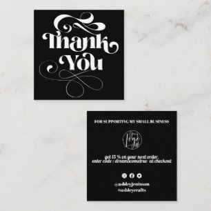 White black cool retro script order thank you square business card